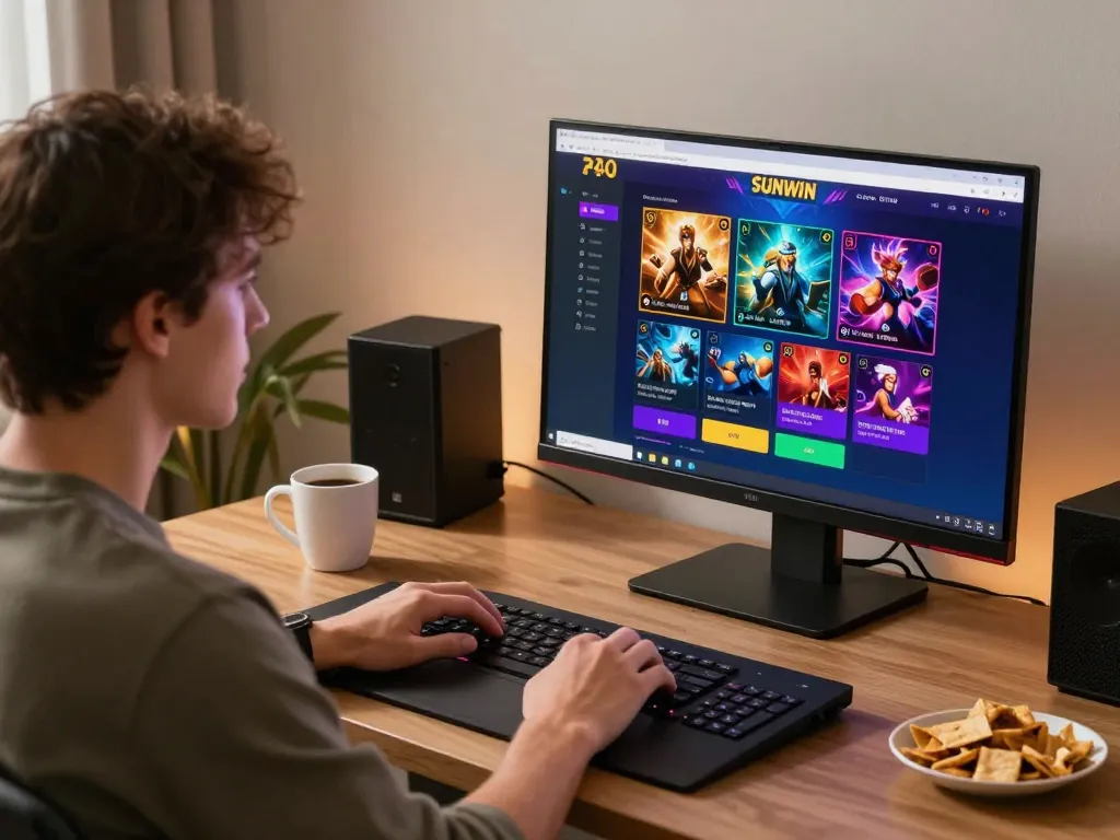 SUNWIN user engaging in online gaming at home with cozy atmosphere and gaming setup