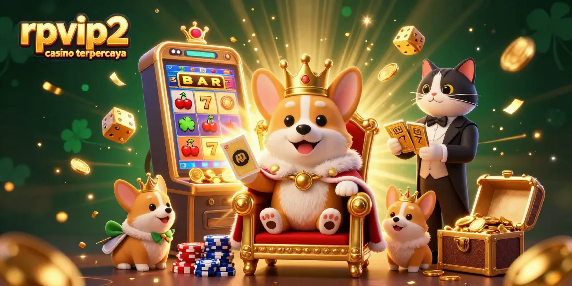 Experience excitement at rpvip2 casino terpercaya with a royal corgi, golden cards, and a jackpot explosion.