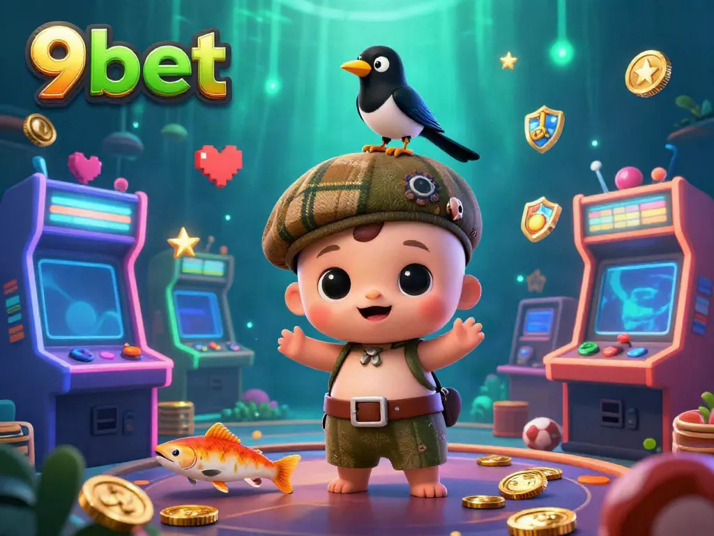 Experience excitement with 9bet in this vibrant 3D casino illustration featuring animated characters and dynamic gaming elements.