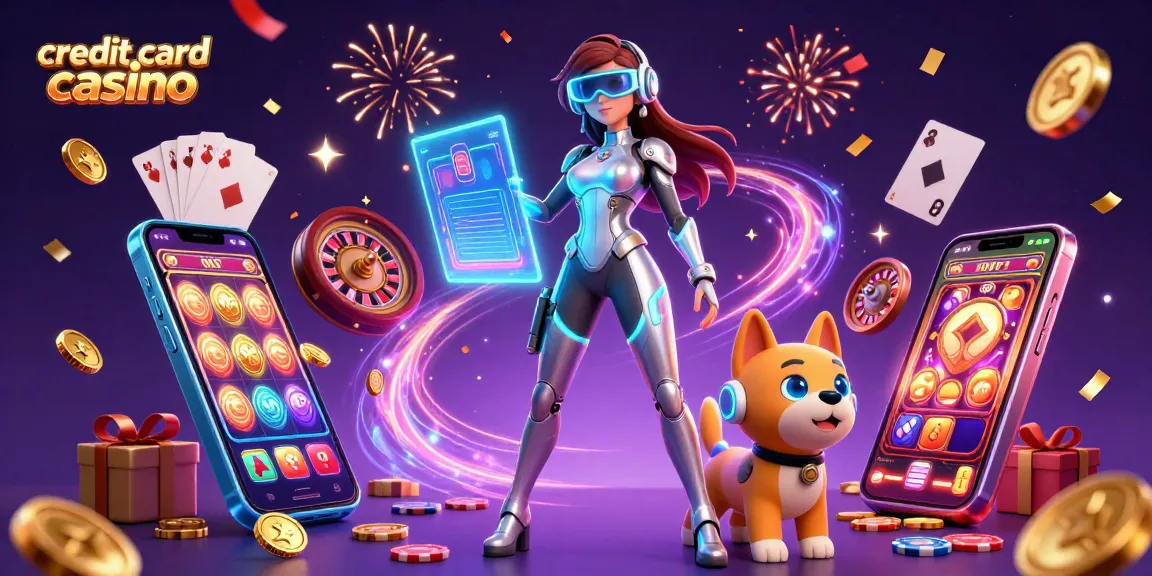 Engage with the thrilling world of credit card casinos, featuring vibrant 3D elements and interactive gaming visuals.