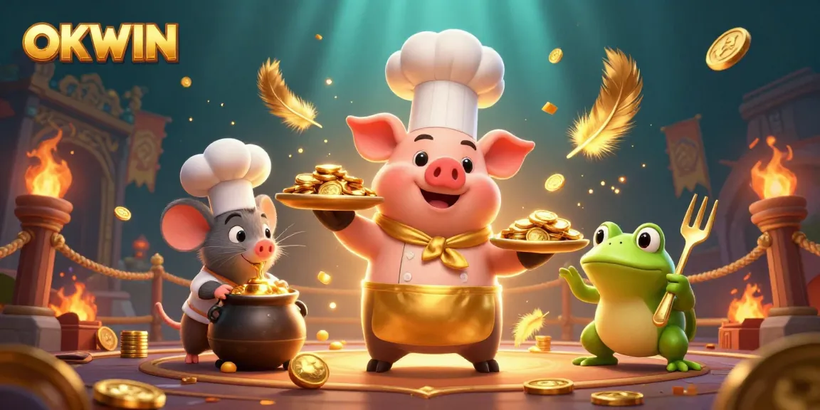 Engage with OKWIN as the cartoon chef pig serves gold coins, embodying a lively casino atmosphere.