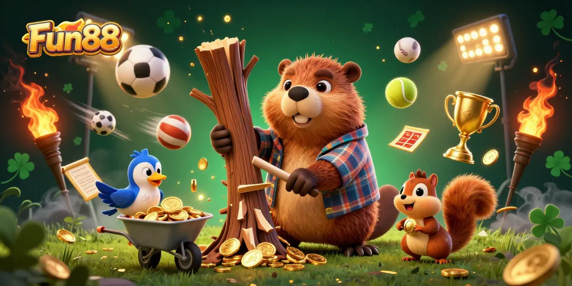 Engage with Fun88’s thrilling casino experience featuring a whimsical beaver, sports elements, and golden treasures.