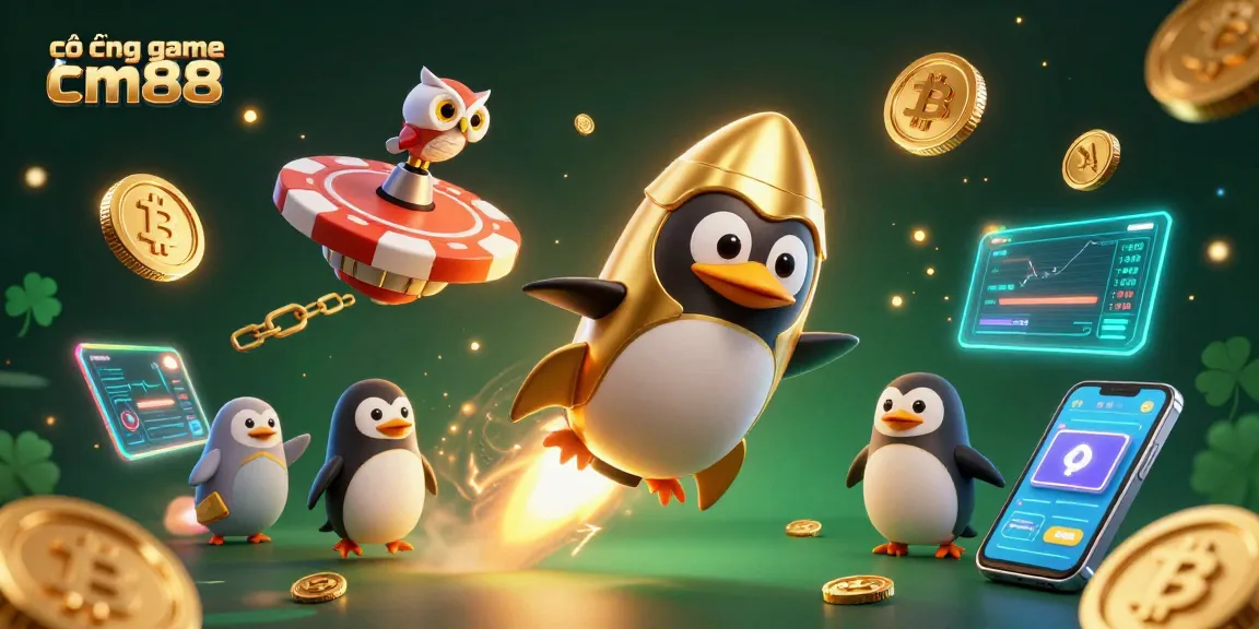 Experience the excitement of cổng game cm88 in this vibrant 3D casino scene with golden coins and crypto elements.