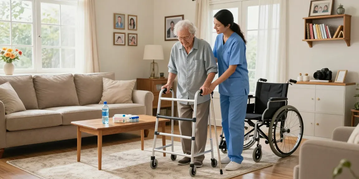 Helping an elderly person with mobility aids to buy nobility aids in a cozy living room