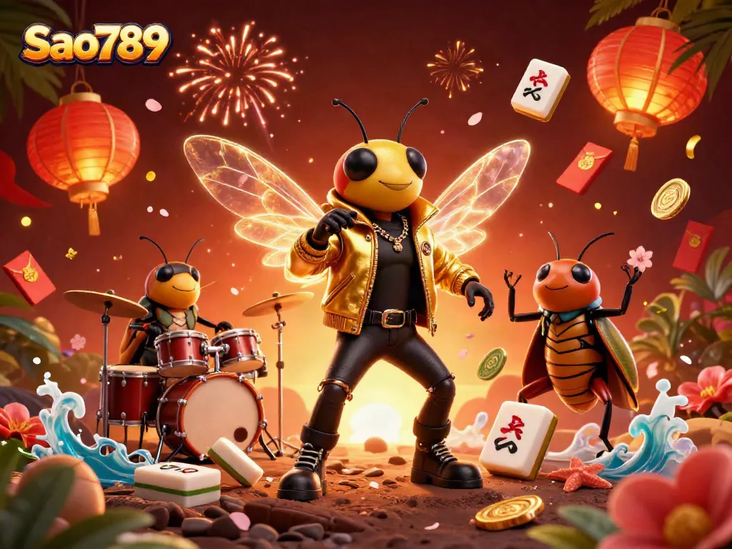 Engage with Sao789's vibrant 3D casino scene featuring a cicada rock star and lively decorations.