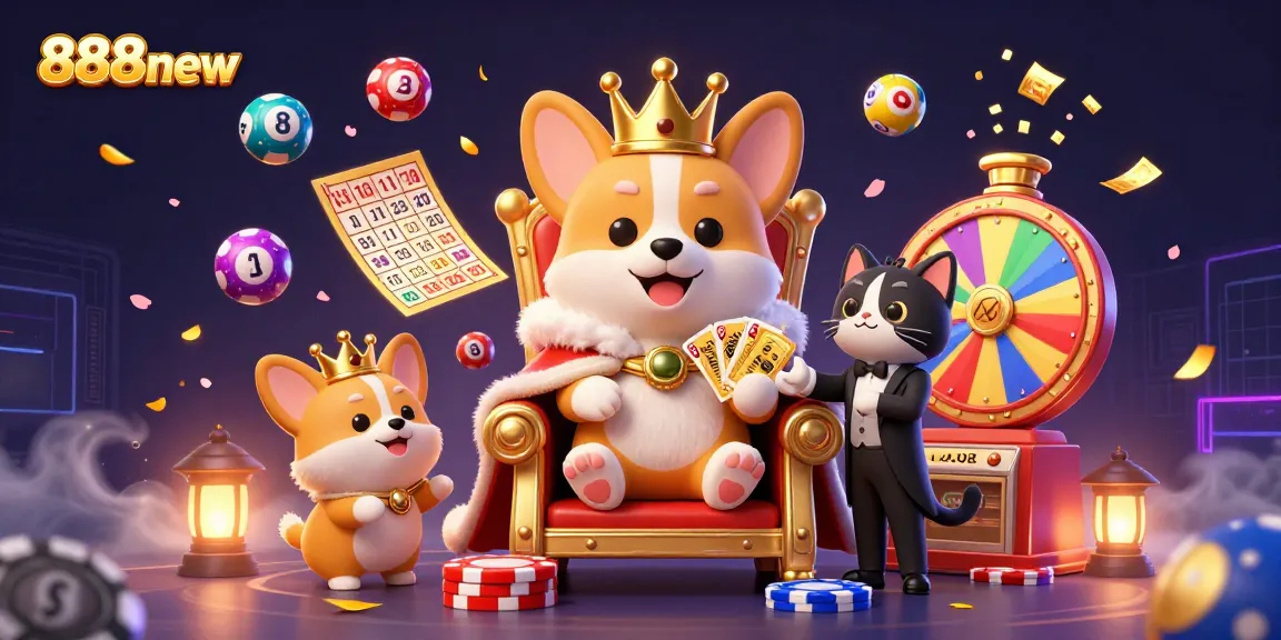 Win big at 888new with a vibrant scene of corgis and game elements embodying casino excitement.