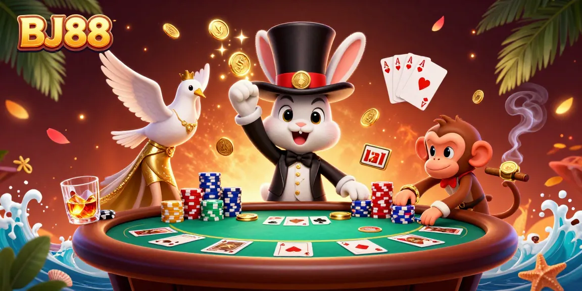 Experience the thrill of BJ88 with a magician rabbit and a lively casino scene.