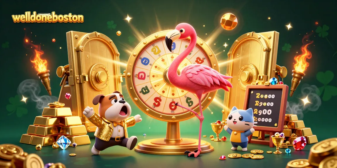 Spin the golden prize wheel at welldoneboston, featuring vibrant characters and dynamic gaming elements.
