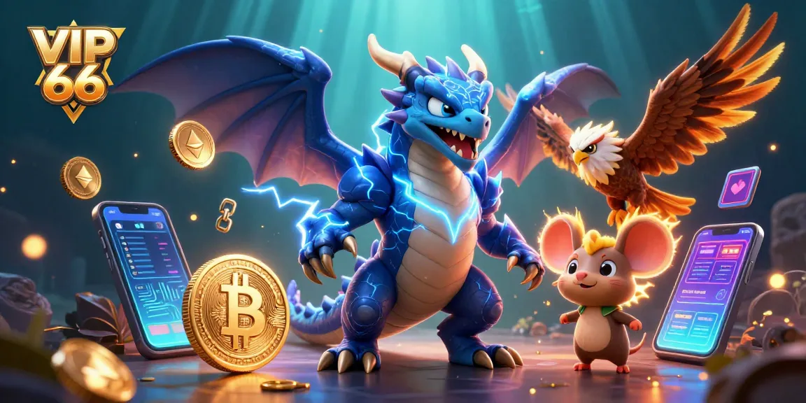 Join the thrilling VIP 66 experience with a vibrant illustration showcasing cryptocurrency adventure in gaming
