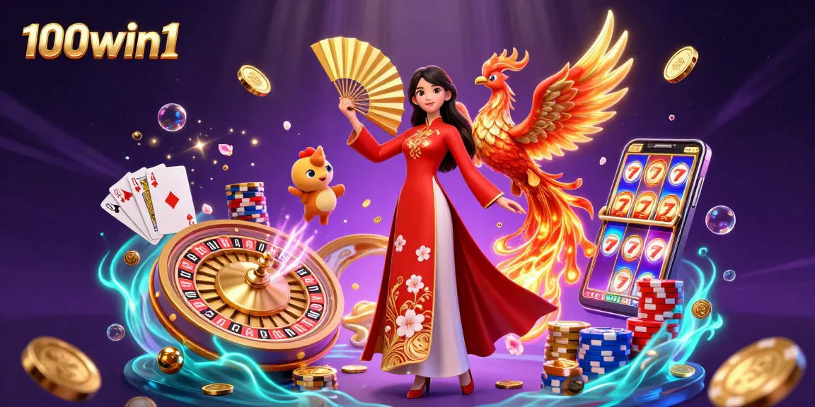 Experience thrilling gambling action with 100win1 as a beautiful woman and a phoenix celebrate winning with gold coins and vibrant casino elements.