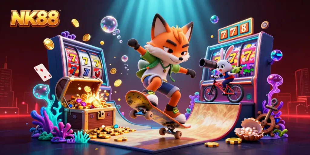 Engage with the thrilling NK88 casino world through dynamic characters and vibrant gaming elements.