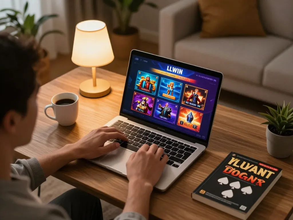 Engaged player exploring LLWIN online casino on laptop, showcasing strategic gaming environment.