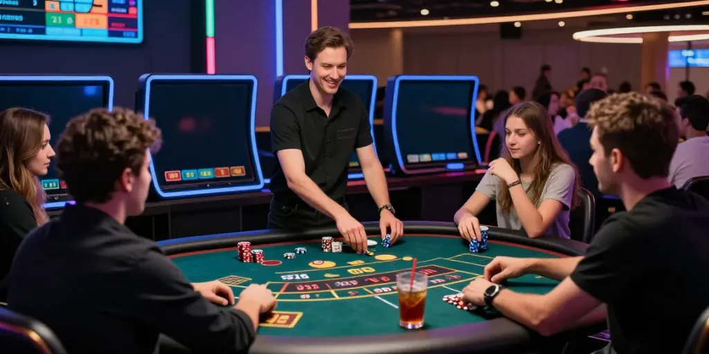 Engaged gamers enjoying SV88 live casino experience with a charismatic dealer.