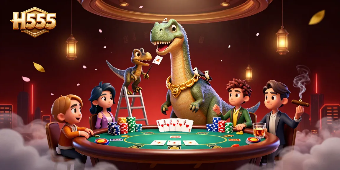 Experience H555's unique poker scene featuring a giant brontosaurus and clever raptor dealer.
