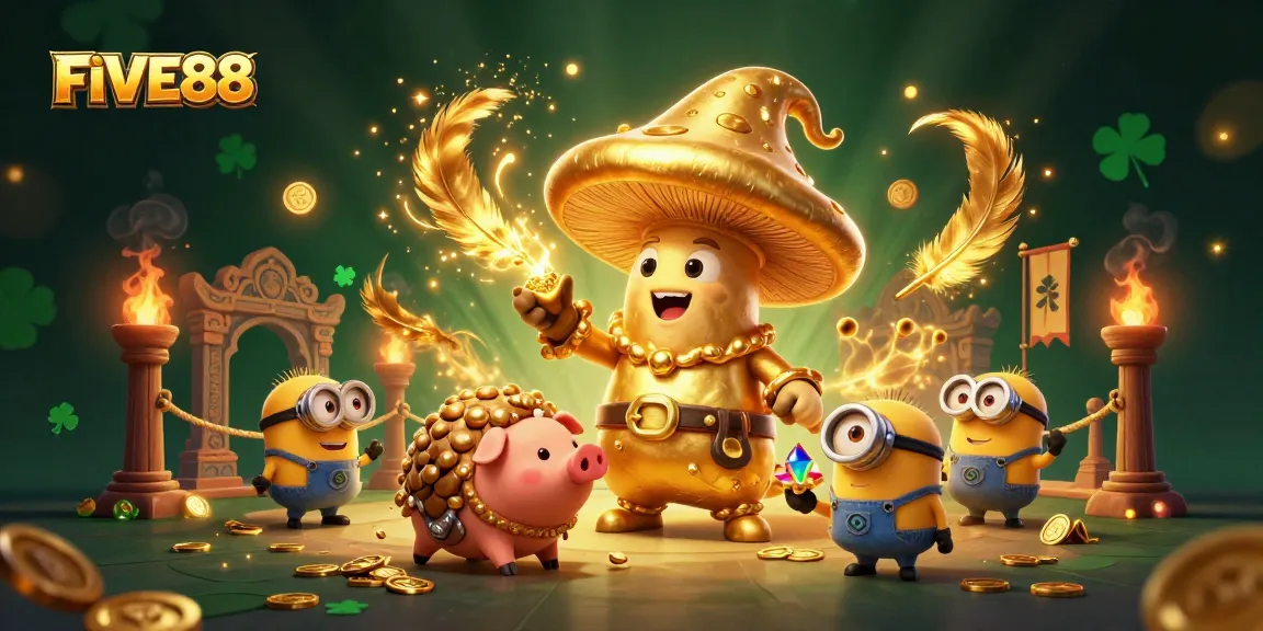 Experience the magic of FIVE88 with a wizard turning gold and treasures amidst vibrant casino elements.