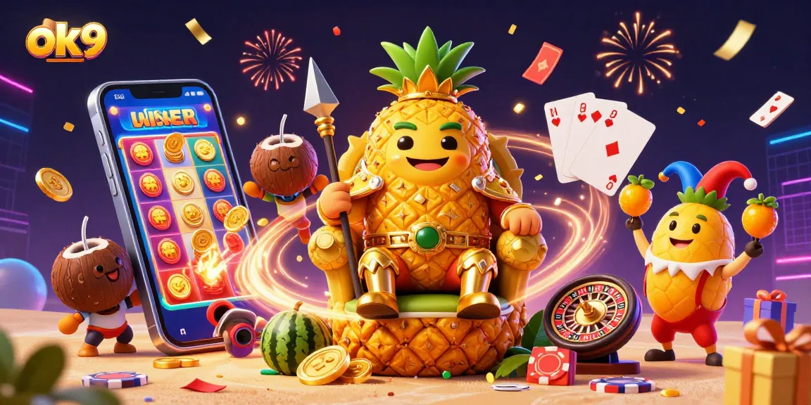 Experience exciting gaming at ok9 with vibrant 3D casino illustration featuring a pineapple king and game elements.