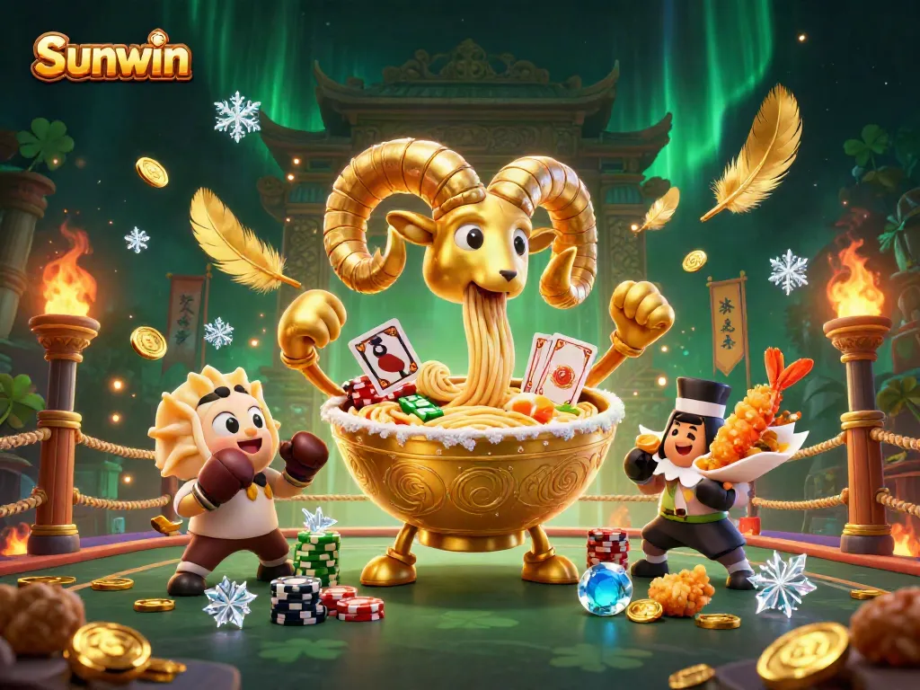 Experience fun with Sunwin's vibrant casino scene featuring a golden ramen bowl and sushi dealer.