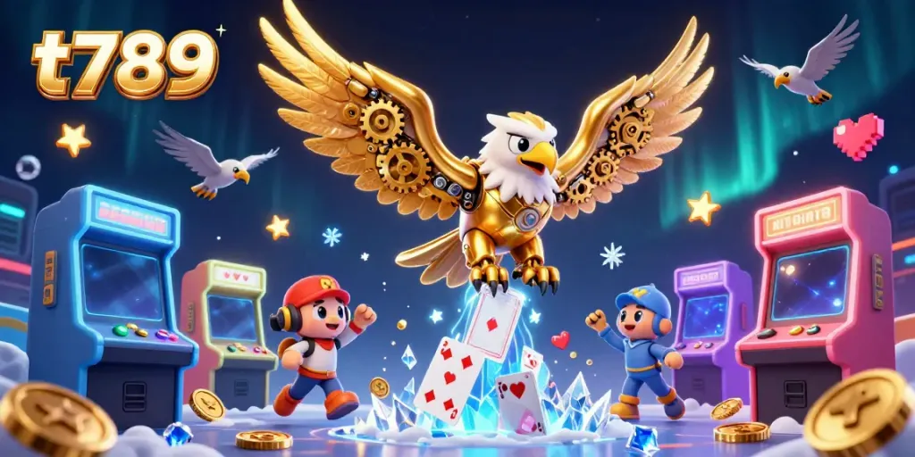Experience the thrill of t789 with a cybernetic eagle diving among holographic cards in a vibrant casino atmosphere.