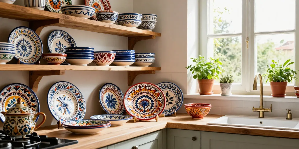 Handcrafted Italian Ceramics on display, showcasing vibrant patterns and colors in a rustic kitchen.