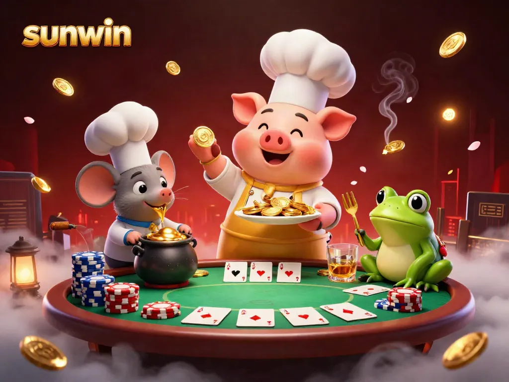 Experience exciting gameplay at sunwin with a vibrant 3D casino scene featuring playful characters and rich gambling elements.