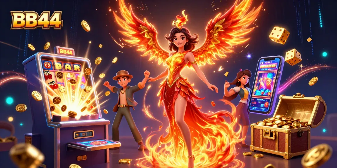 BB44 players engage in thrilling online slots action celebrating jackpots with fiery visuals.