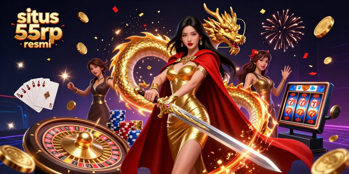 Play exciting games with situs 55rp resmi featuring a warrior queen and golden treasures in a vibrant casino scene.