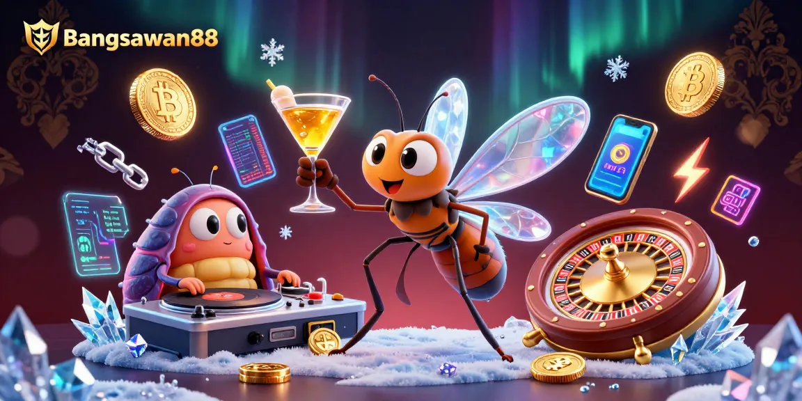 Engage with Bangsawan88's dynamic casino scene featuring vibrant characters and glowing crypto elements.