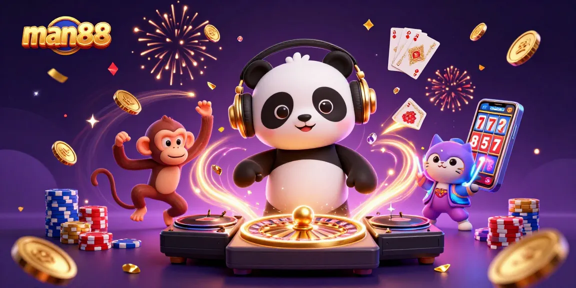 Experience exhilarating gaming vibes with man88, featuring a DJ panda and vibrant characters amidst casino riches.