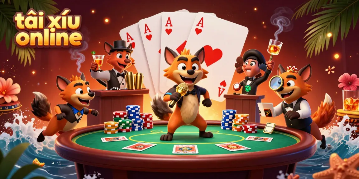 Engage in tài xỉu online with a vibrant scene showcasing hyena characters at a lively casino club.