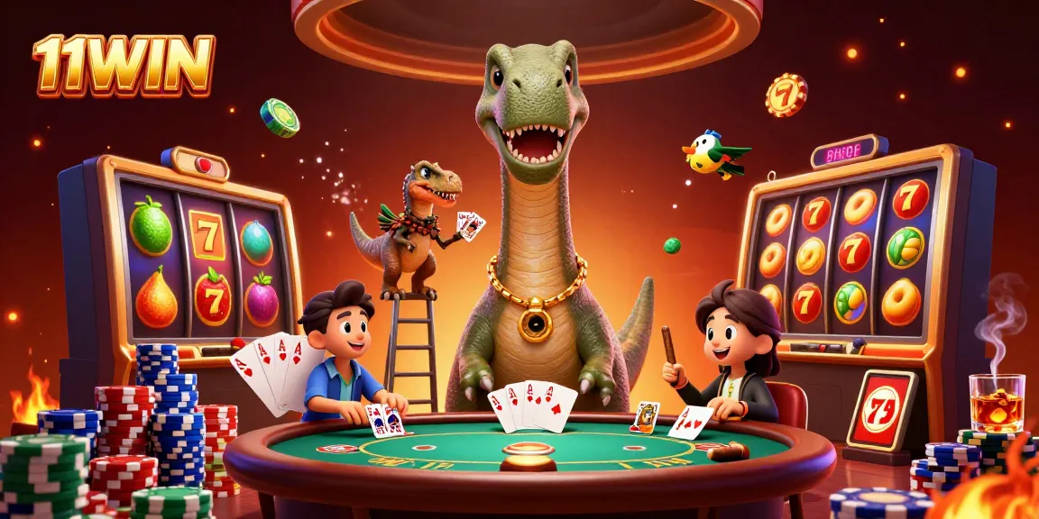 11WIN offers thrilling casino action with vibrant slot reels and engaging characters.