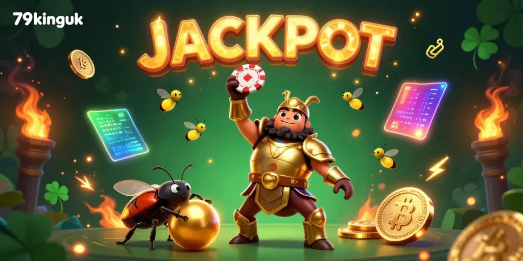 Experience the thrill of winning at 79kinguk with this lively jackpot scene featuring dynamic characters and glowing casino elements.
