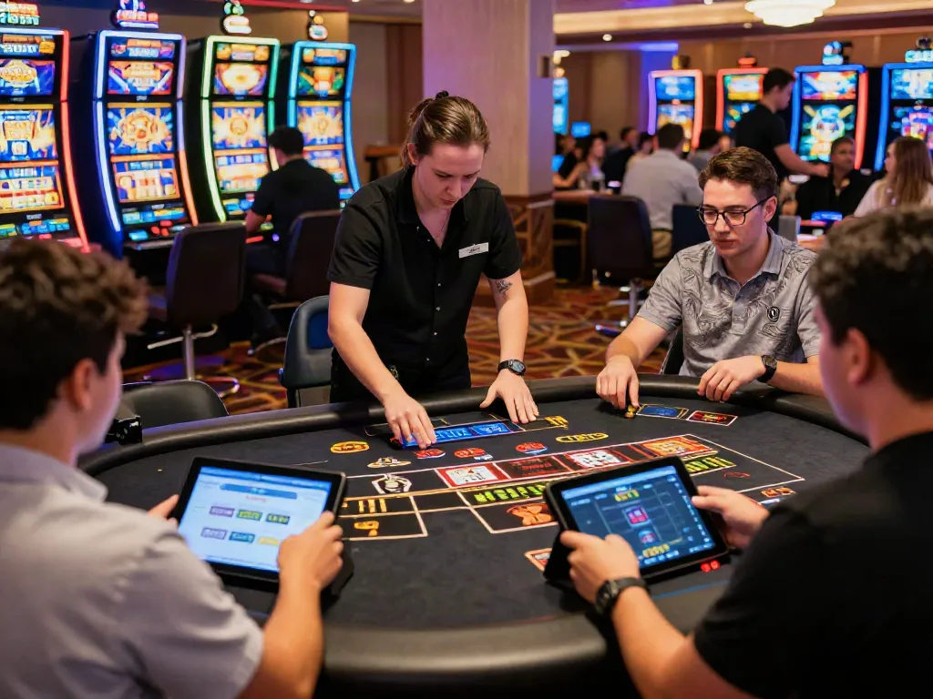 Exciting online casino atmosphere from https://man88pro.com/ with engaged players at live dealer tables and vibrant slot machines.
