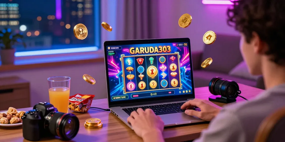 Player enjoying GARUDA303 online slots in vibrant gaming setup, showcasing excitement and engagement.
