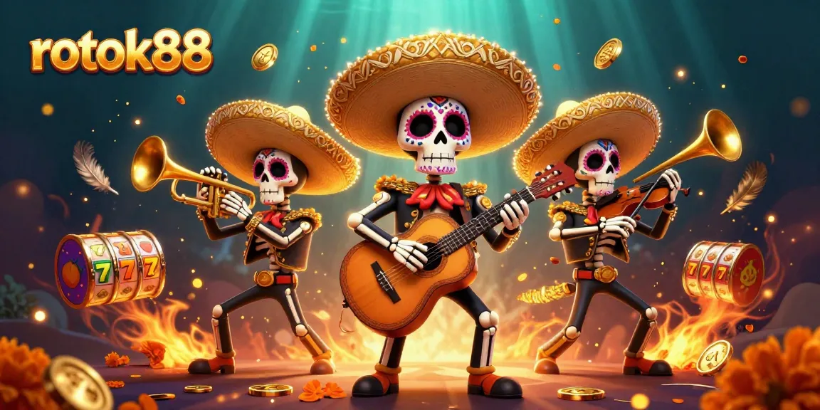 Experience excitement at rokok88 with vibrant illustrations of a mariachi band and slot elements.