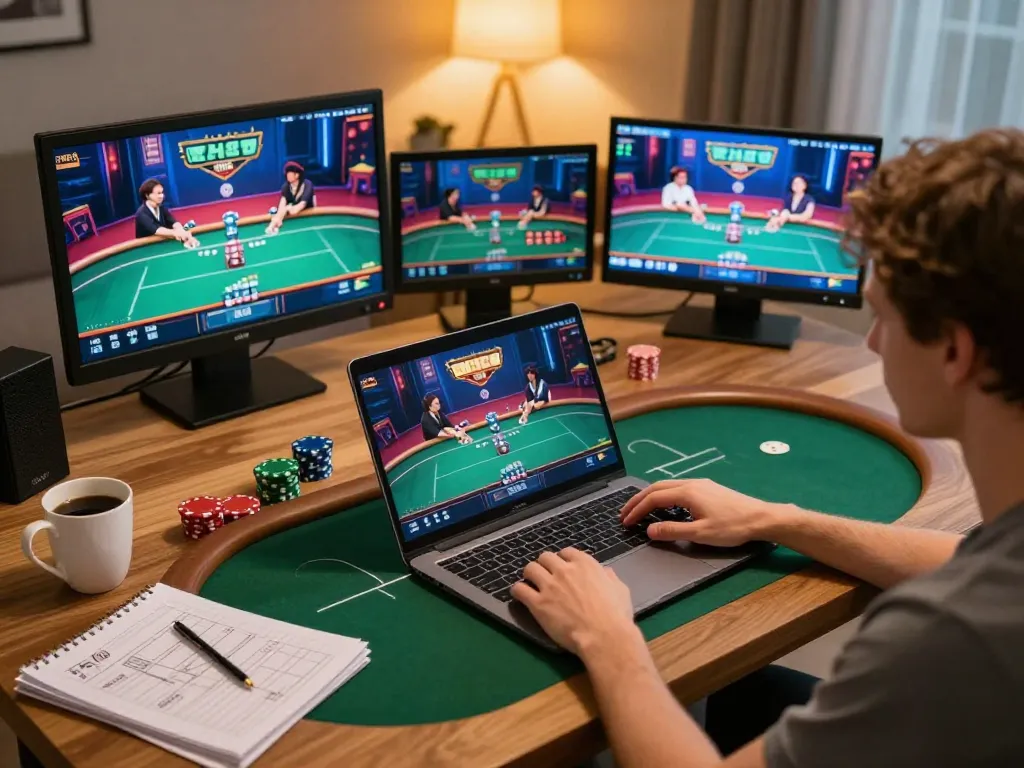 Personne profitant de l'action aux meilleurs casino sans verification sur un ordinateur portable, accompagné de notes de stratégie.