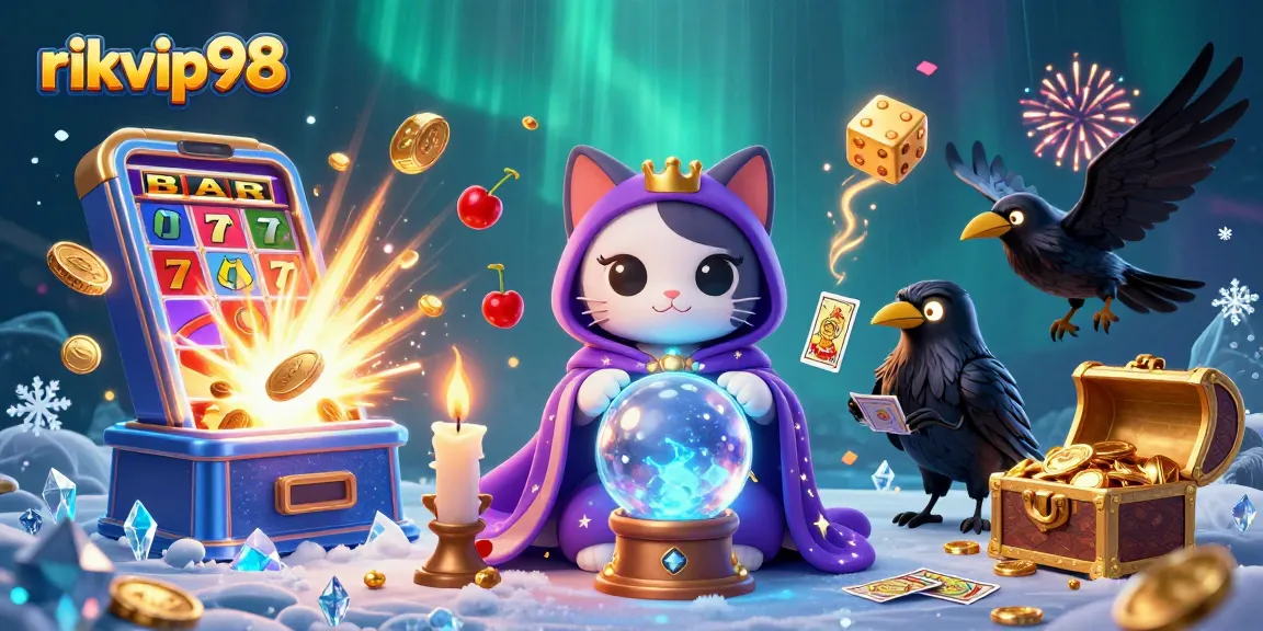 Engage with thrilling casino action on rikvip98 featuring a 3D fortune teller cat and jackpot scene.
