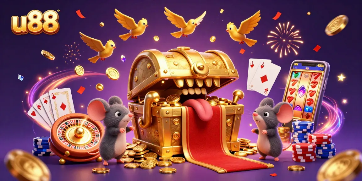 Spin to win at u88 with a lively scene featuring golden treasures and dynamic casino elements!