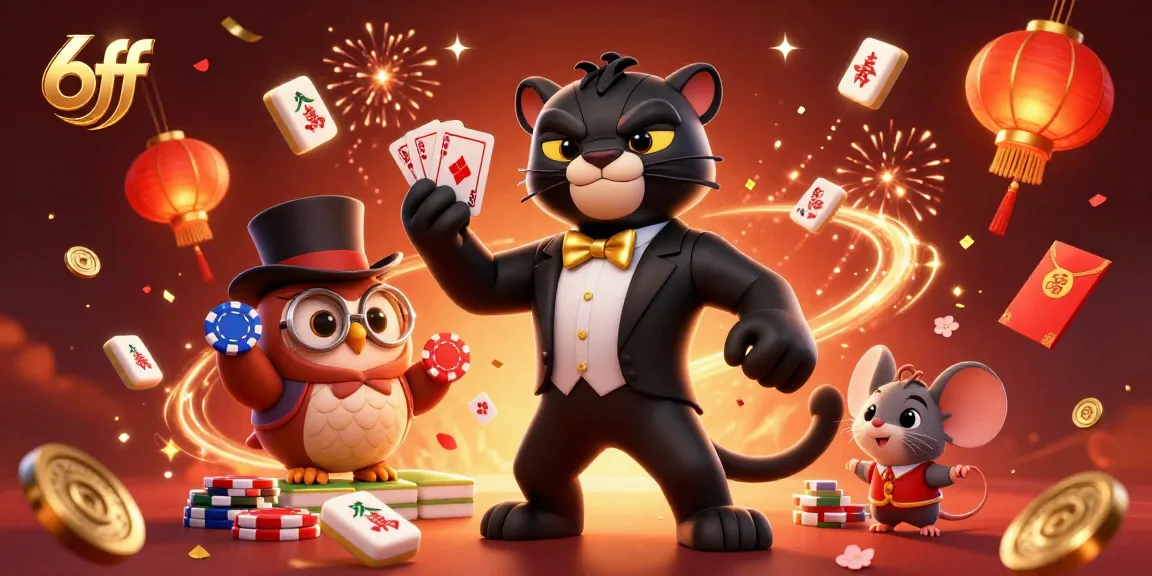 Experience thrilling moments at 6ff with our characters enjoying card games amidst a vibrant casino scene.