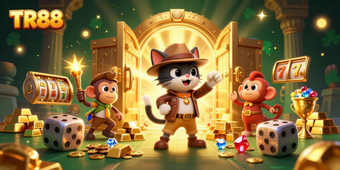 TR88 showcases an explorer cat discovering a golden casino artifact amidst sparkling treasures.