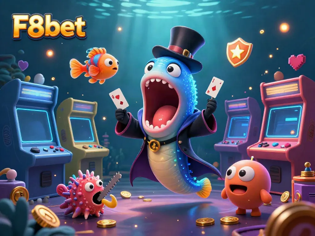 Engage with F8bet in an underwater casino scene featuring a magical eel performing tricks and surrounded by arcade elements.