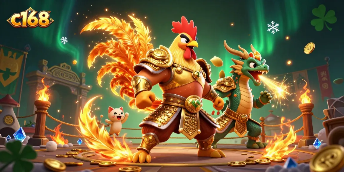 Join the action at c168 with a powerful rooster warrior, dragon, and fortune cat in a vibrant battle arena.