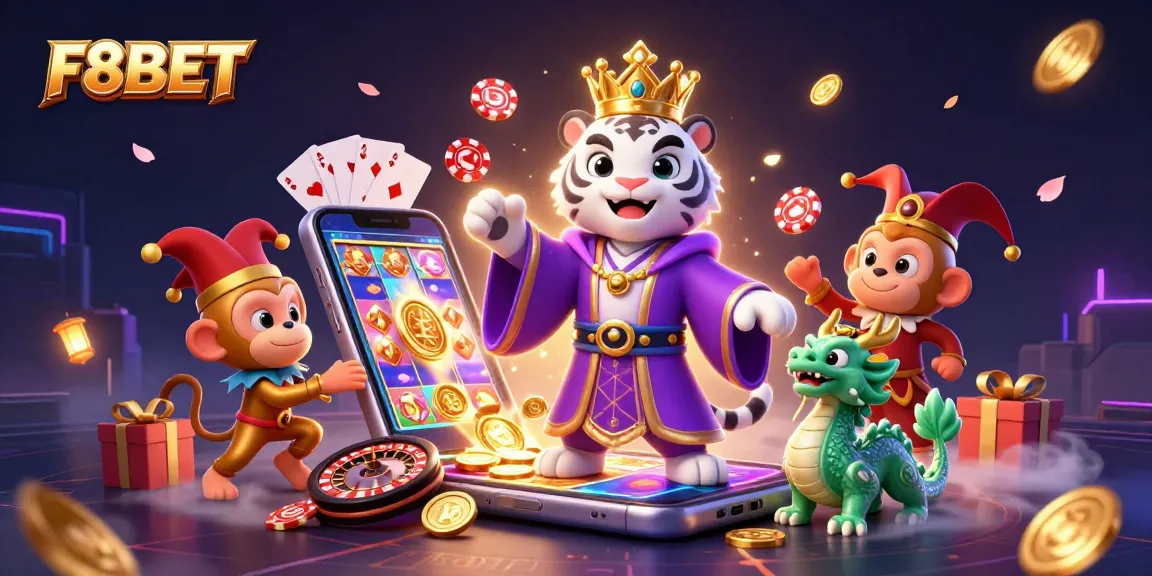 Experience F8BET’s dynamic casino world with a tiger, monkey, and dragon amidst slots and poker games.