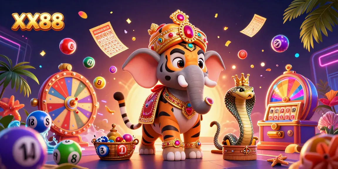 Experience excitement at XX88 with a vibrant scene of a tiger, elephant, and lottery elements.