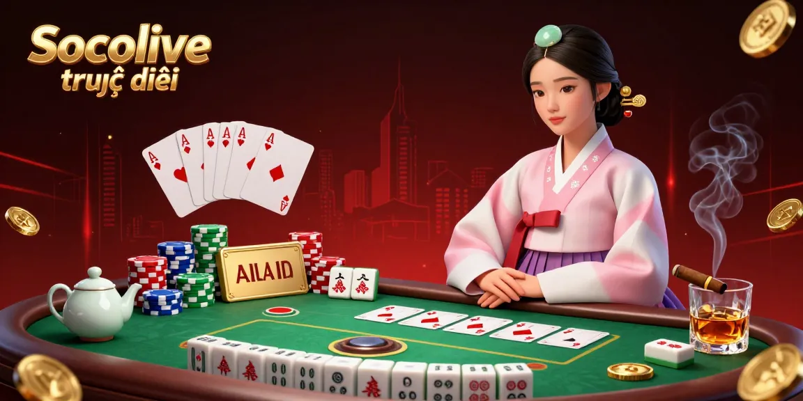 Socolive trực tiếp offers thrilling poker action with dynamic elements, featuring a serene Asian woman in traditional attire.