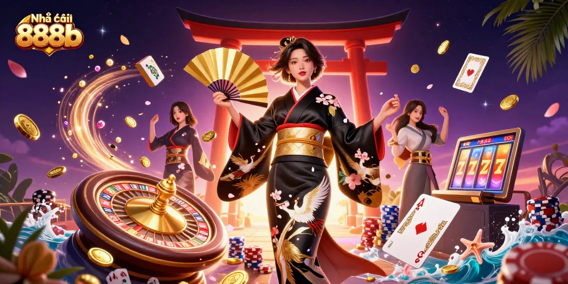 Engage with Nhà cái 888b in a vibrant 3D casino scene filled with dynamic elements and rich cultural motifs.
