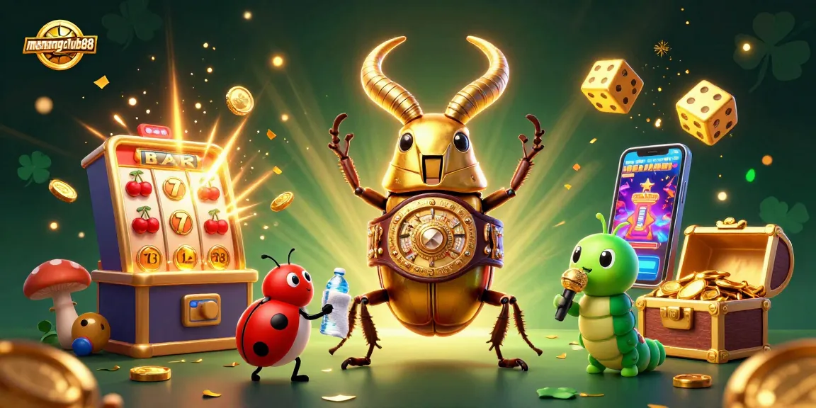 Experience the thrill at menangclub88 with a golden stag beetle boxing champion against a vibrant casino backdrop.