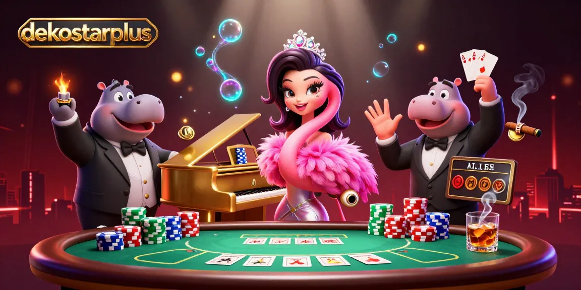 Engage with exciting games on dekostarplus in a lively casino scene featuring vibrant characters.