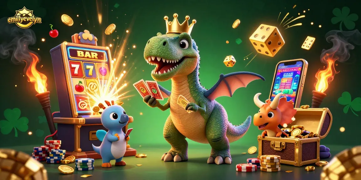 emillyevelyn showcases a fun-filled casino scene with animated dinosaurs amidst vibrant slot games.