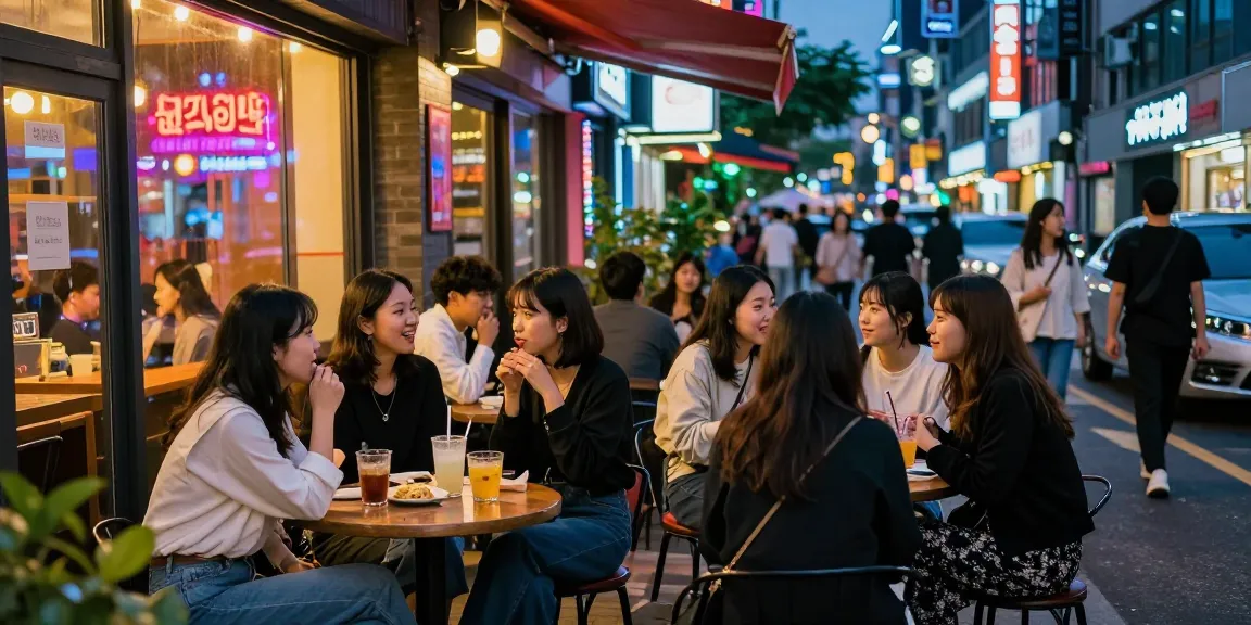 강남 퀸알바를 즐기는 다양한 사람들이 화려한 야경 속에서 대화하는 모습