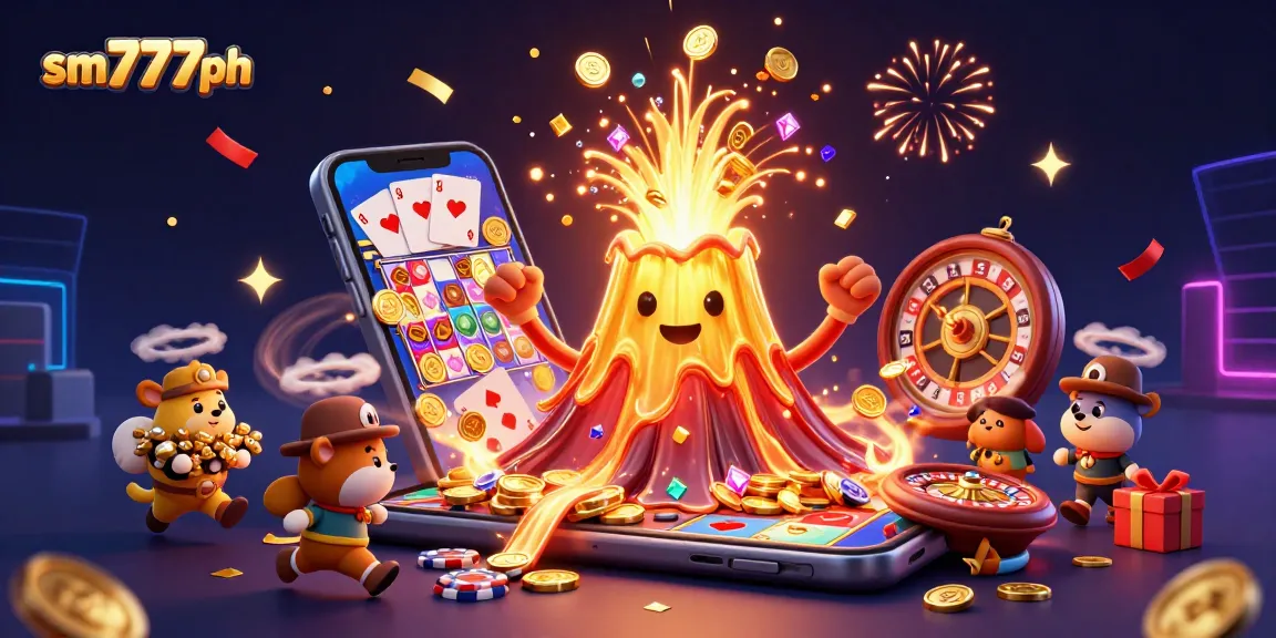 Engage with excitement at sm777ph, featuring a golden volcano erupting treasure in a vibrant casino scene.